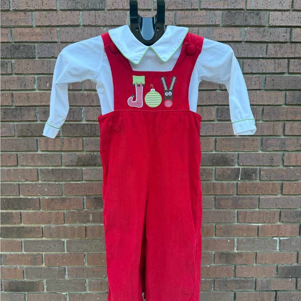 Precious One Red Corduroy Holiday Romper Overalls Shirt JOY Stocking Reindeer 4T